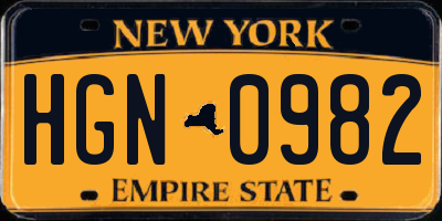 NY license plate HGN0982