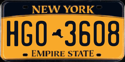 NY license plate HGO3608