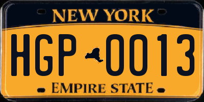 NY license plate HGP0013