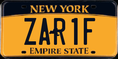 NY license plate ZAR1F