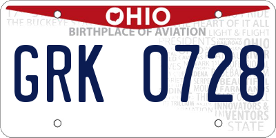OH license plate GRK0728