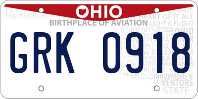 OH license plate GRK0918