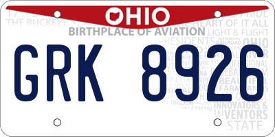 OH license plate GRK8926