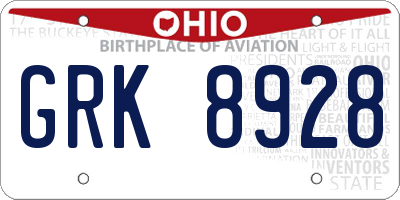 OH license plate GRK8928