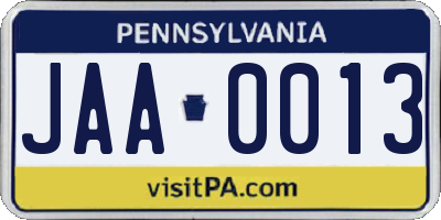 PA license plate JAA0013