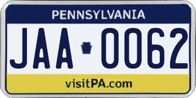 PA license plate JAA0062