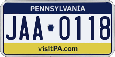 PA license plate JAA0118
