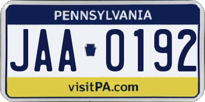 PA license plate JAA0192