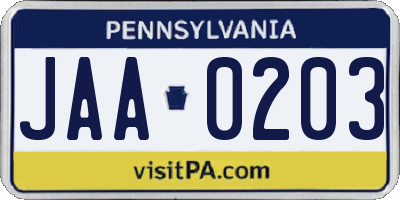 PA license plate JAA0203