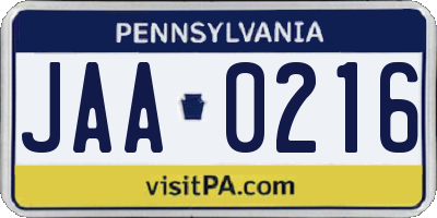 PA license plate JAA0216