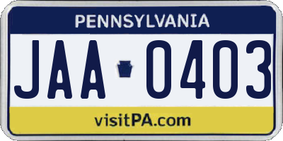 PA license plate JAA0403