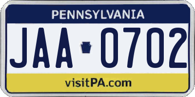 PA license plate JAA0702