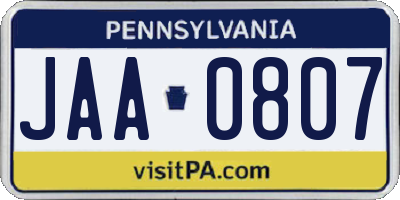 PA license plate JAA0807