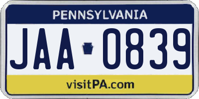 PA license plate JAA0839