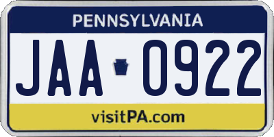 PA license plate JAA0922