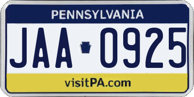 PA license plate JAA0925