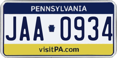 PA license plate JAA0934