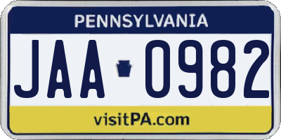 PA license plate JAA0982