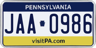 PA license plate JAA0986