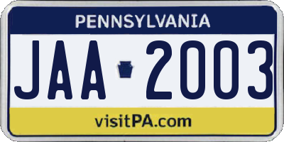 PA license plate JAA2003
