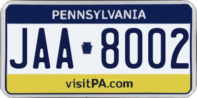 PA license plate JAA8002