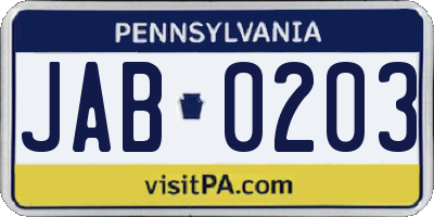 PA license plate JAB0203