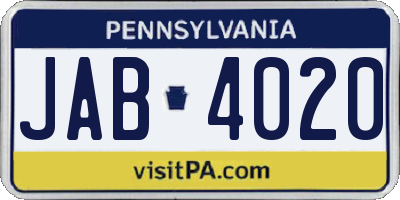 PA license plate JAB4020