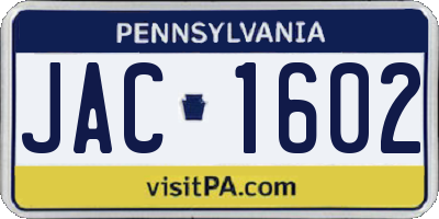 PA license plate JAC1602