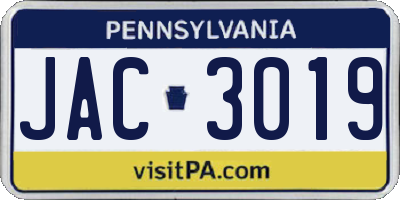 PA license plate JAC3019