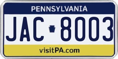 PA license plate JAC8003