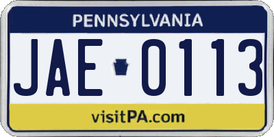 PA license plate JAE0113