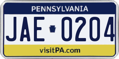 PA license plate JAE0204