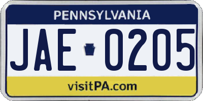 PA license plate JAE0205