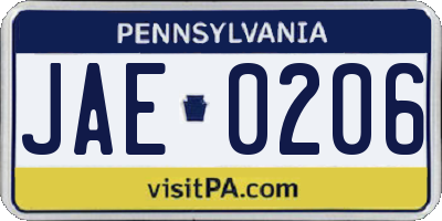 PA license plate JAE0206