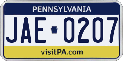 PA license plate JAE0207