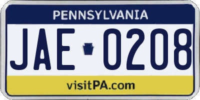 PA license plate JAE0208