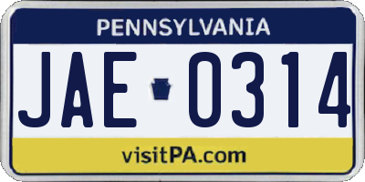 PA license plate JAE0314