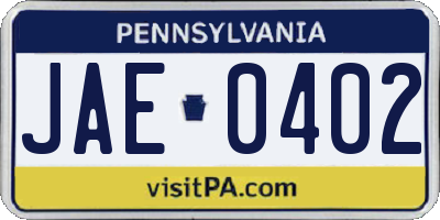 PA license plate JAE0402