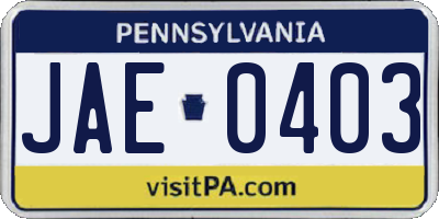 PA license plate JAE0403