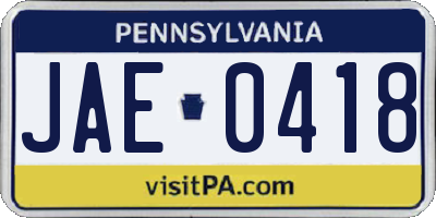 PA license plate JAE0418