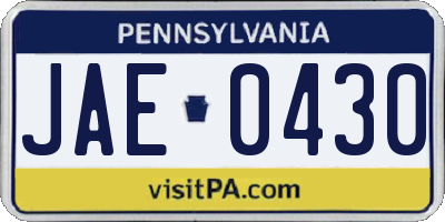 PA license plate JAE0430