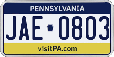 PA license plate JAE0803