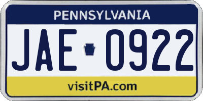 PA license plate JAE0922