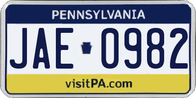 PA license plate JAE0982