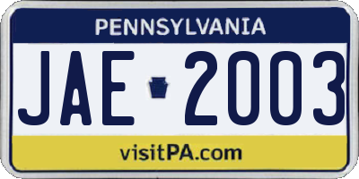 PA license plate JAE2003