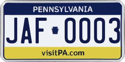 PA license plate JAF0003