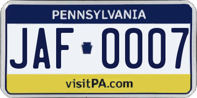 PA license plate JAF0007