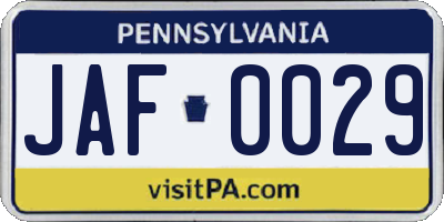 PA license plate JAF0029