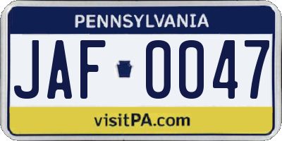 PA license plate JAF0047