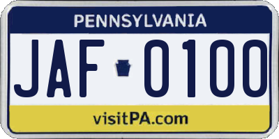 PA license plate JAF0100